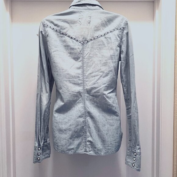 American Eagle Outfitters-Long Sleeve Denim Western Shirt-Studs-Pearl Snaps-Sz 4 - Picture 12 of 15